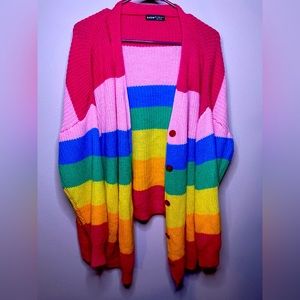 SHEIN EZwear Button Front Drop Shoulder Rainbow Stripe Cardigan